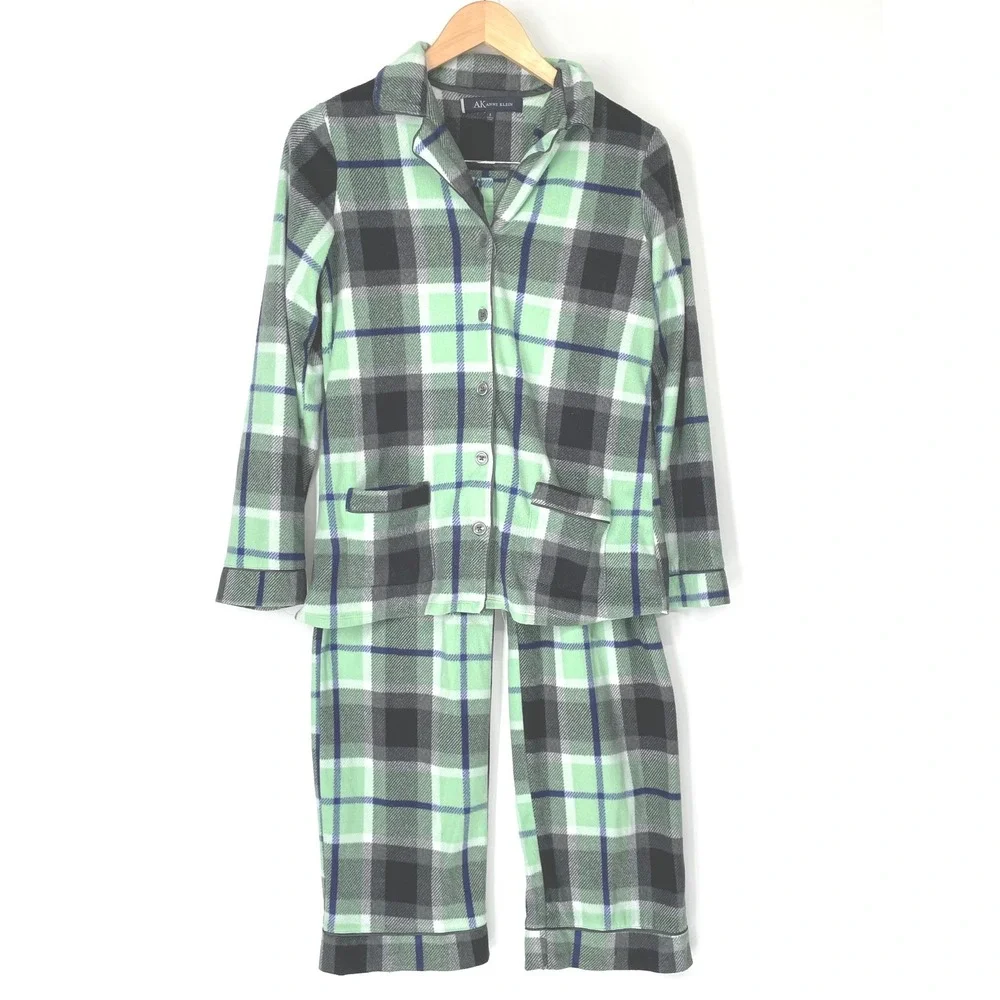 Anne Klein Women Pajama Set S Fleece Green Plaid‎ Button Down Cozy